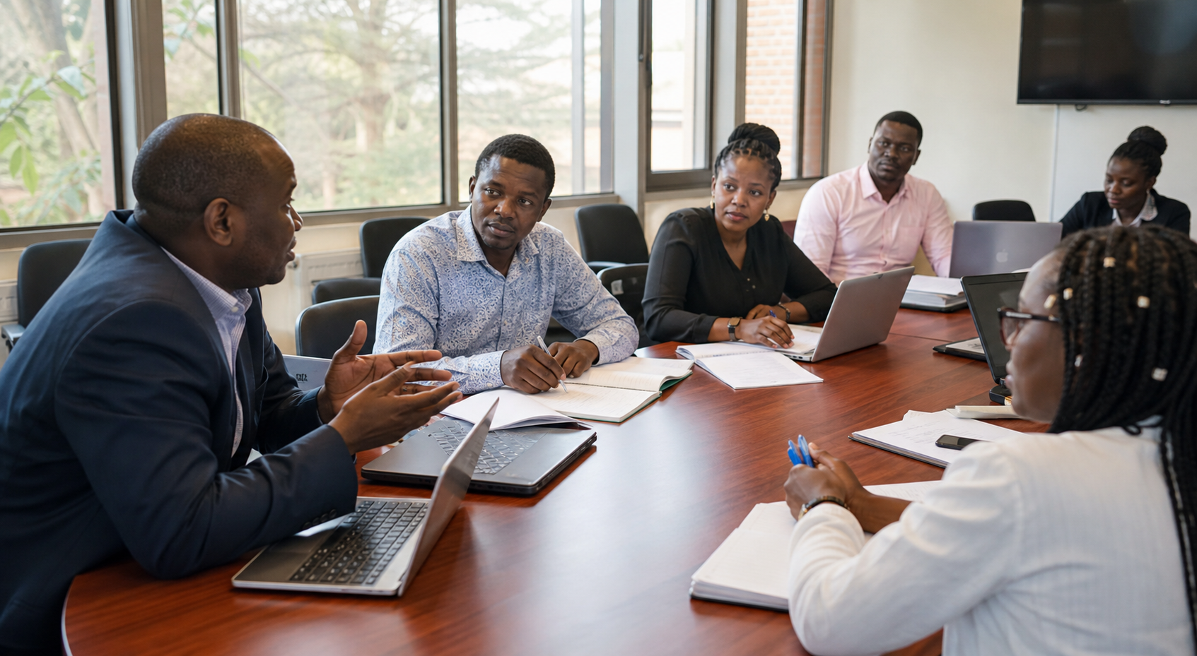 Postgraduate students in a seminar discussion with a lecturer