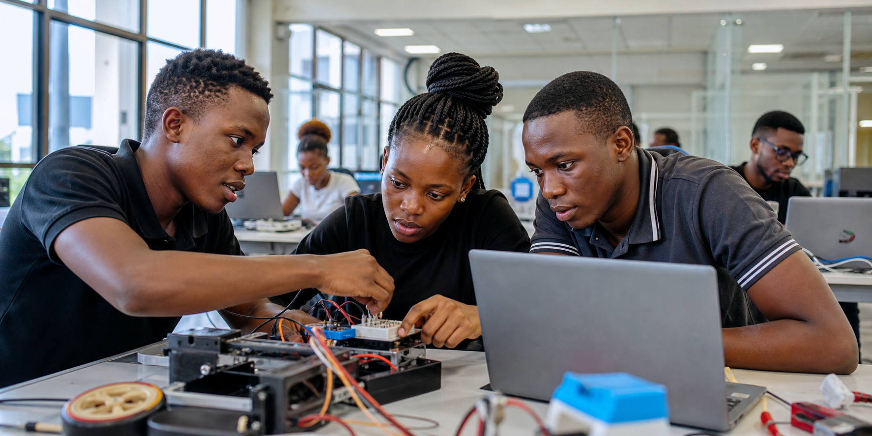 Undergraduate students working together in a university engineering and computer laboratory